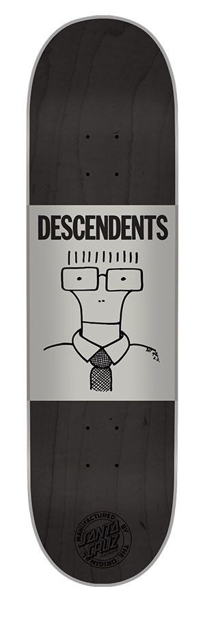 The SANTA CRUZ X DESCENDENTS MILO GOES TO COLLEGE skateboard, which comes with free griptape, features a dark design centered around a stylized cartoon character wearing glasses and a tie. The word "DESCENDENTS" is prominently displayed above the figure, with the SANTA CRUZ logo at the bottom.
