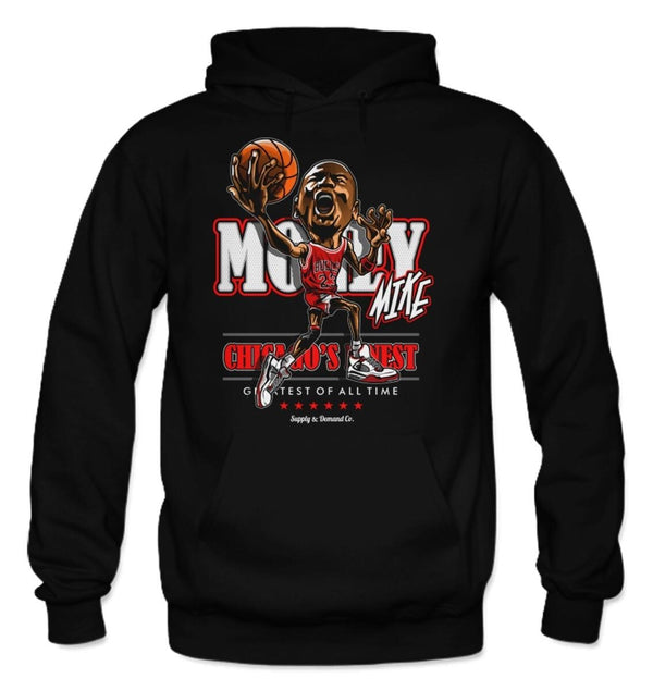 A black hoodie with a bobblehead basketball player and text.