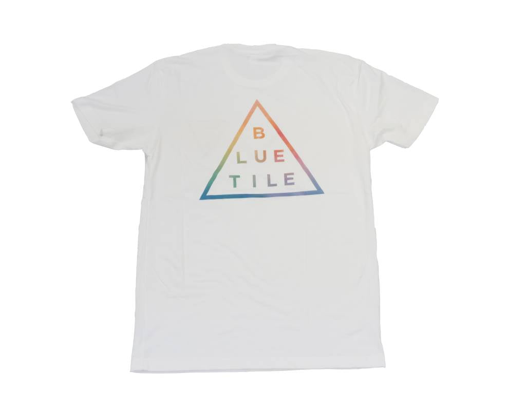 A BLUETILE TRI-DYE T-SHIRT WHITE with a rainbow triangle on it. (Bluetile Skateboards)