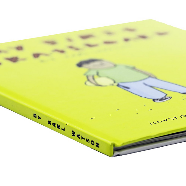 A vibrant yellow cover features a person holding a ball on a skateboard. The spine reads "My First Skateboard Book" by Karl Watson, blending sports with an unexpected twist.