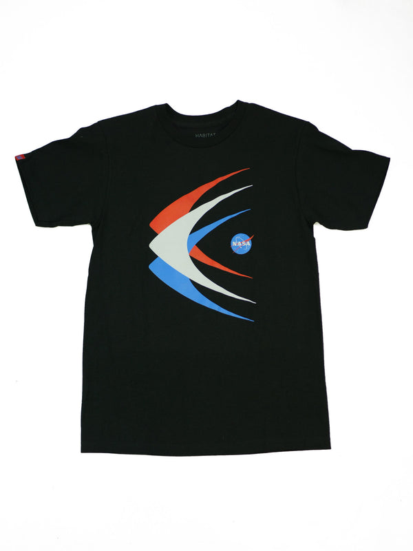 A HABITAT X NASA Apollo 15 T-shirt in black, featuring a colorful, abstract design along with a small NASA logo on the chest.
