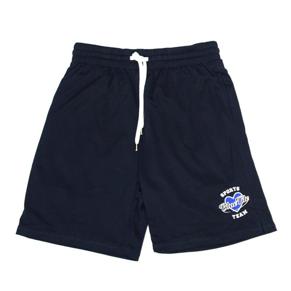 A BLUETILE SPORTS BASKETBALL SHORTS NAVY with a Bluetile Skateboards logo on it.