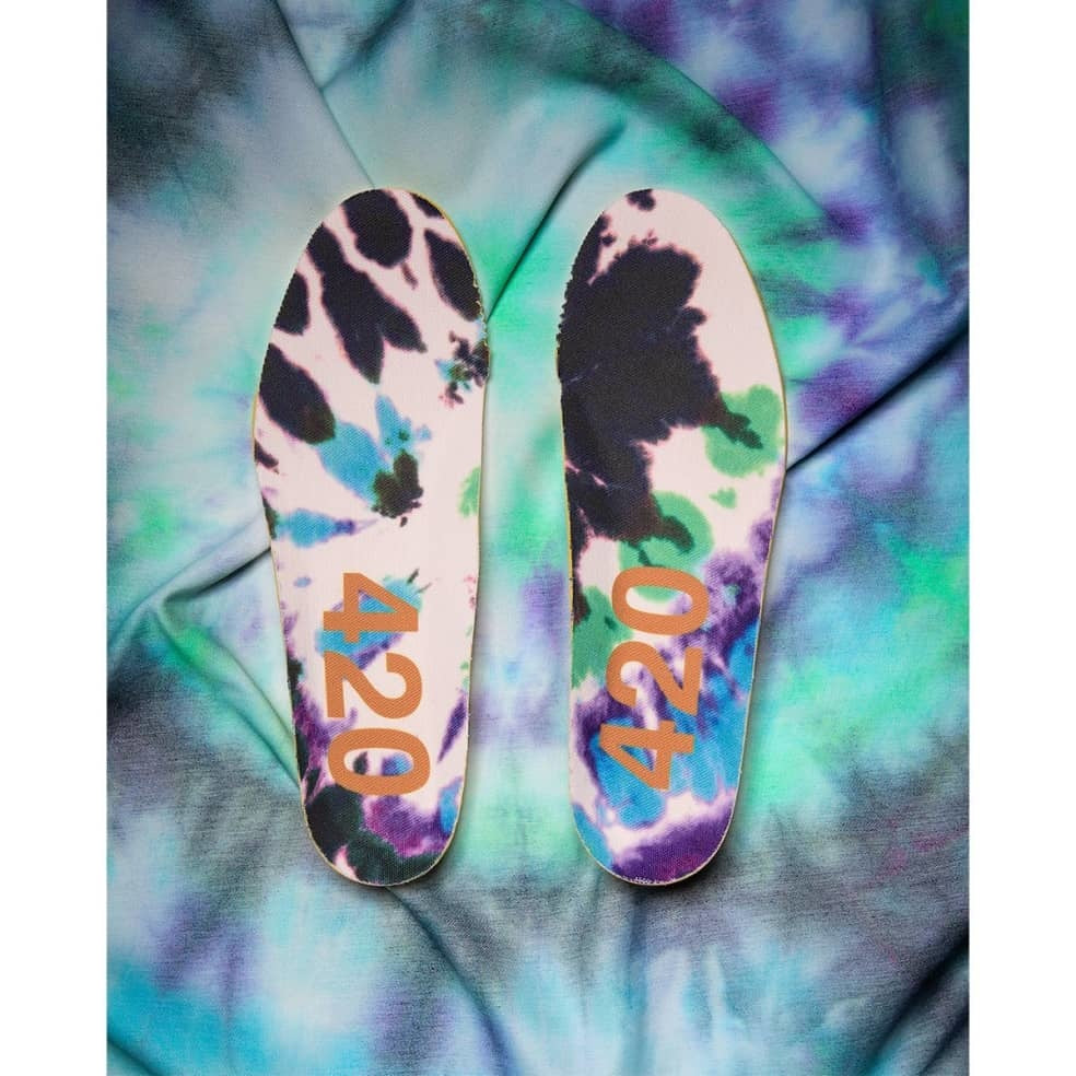 A pair of NB NUMERIC 420 BLUEBERRY shoes with a tie dye pattern on them.