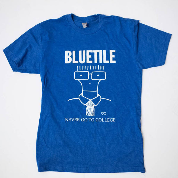 A Bluetile Skateboards bluetee t-shirt offering life advice about college.