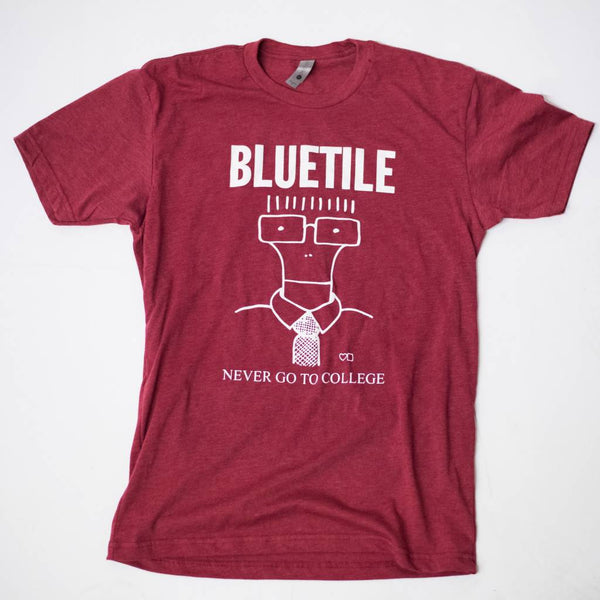 An ironic Bluetile Skateboards college t-shirt that boldly states "bluetile never go to college.