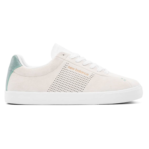 A white and turquoise sneaker with perforated detailing from NB NUMERIC 22 X LOST ART GREY by NB NUMERIC.