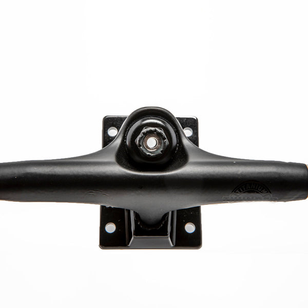A black plastic handle on a white background featuring the THUNDER logo.