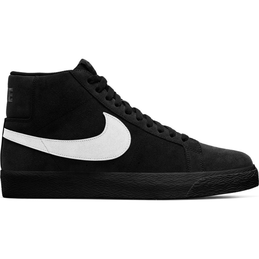 A pair of Nike SB Blazer Mid Black/White/Black sneakers on a white background.