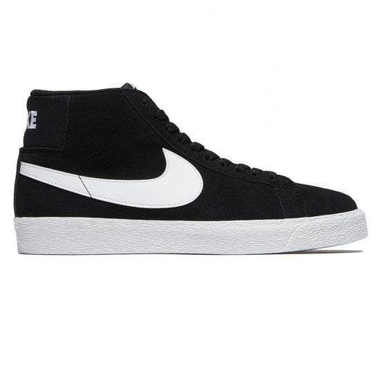 A black and white Nike SB Blazer Mid sneaker with a white sole.
