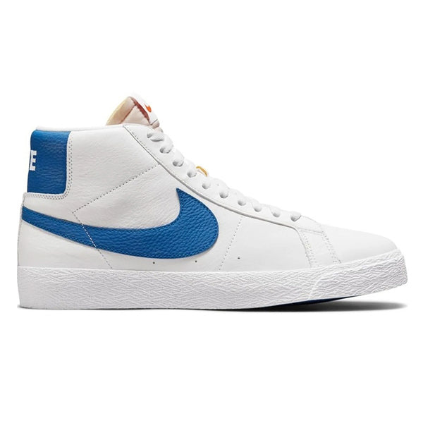 nike SB Blazer Mid Orange Label in white and blue with an Orange Label.