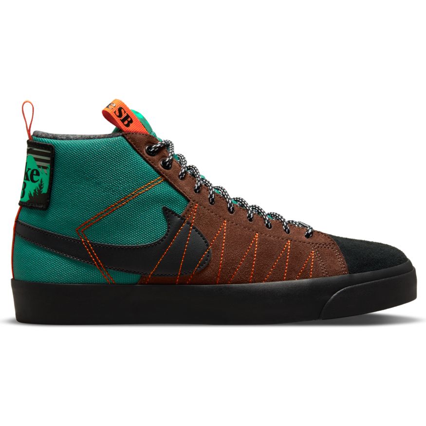 The nike SB BLAZER MID PREMIUM NOBLE GREEN / BLACK is green and orange.