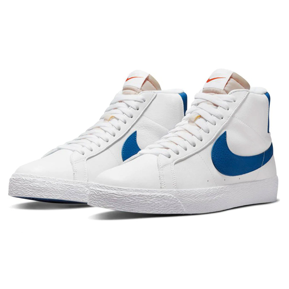 The Nike SB Blazer Mid Orange Label White / Varsity Royal in white and blue.