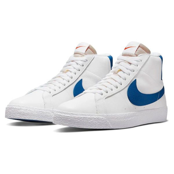 The Nike SB Blazer Mid Orange Label White / Varsity Royal in white and blue.