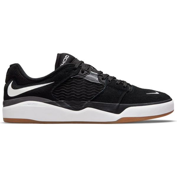 The NIKE SB ISHOD BLACK / WHITE sneaker by nike features a black low-top design with white accents, a white swoosh, black laces, and a white sole with gum bottom—ideal for skating or casual wear in Columbia SC.