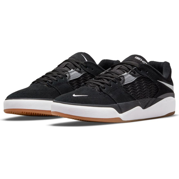 The NIKE SB ISHOD BLACK / WHITE sneakers by Nike feature black and white hues, gum soles, wave-patterned side panels, and the Nike logo—ideal for skateboarding or exploring Columbia SC.