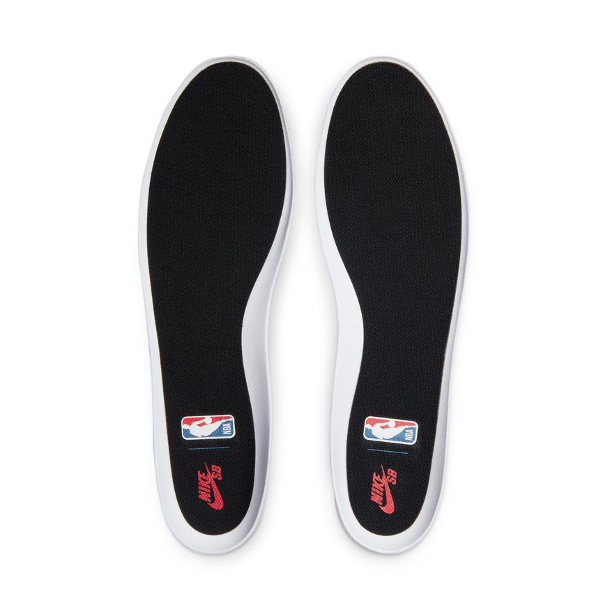 A pair of black and white NIKE SB x NBA ISHOD PRM BLACK / UNIVERSITY RED-HYPER ROYAL insoles on a white surface.