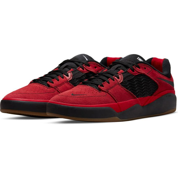 The NIKE SB ISHOD VARSITY RED / BLACK sneakers by Nike feature a low-top design, Varsity Red and black colorway, wavy black side panels, gum rubber soles, and signature NIKE SB style.