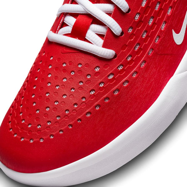 Close-up of the NIKE SB NYJAH 3 in University Red/White, featuring white laces, perforated details, and a white Nike logo—now available at Bluetile Skateboards in Columbia, SC.