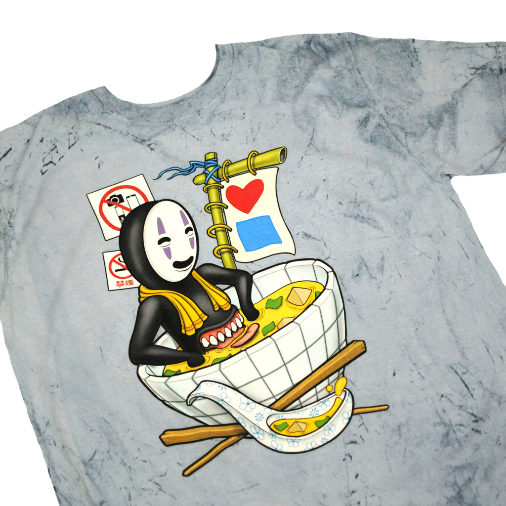 A BLUETILE MISO BATH T-SHIRT OCEAN with an image of a ninja holding a bowl of noodles, inspired by the calm and serene ocean, made by Bluetile Skateboards.