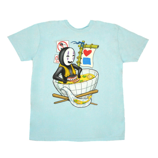 A BLUETILE MISO BATH T-SHIRT CHAMBRAY BLUE with an image of a noodle bowl from Bluetile Skateboards.