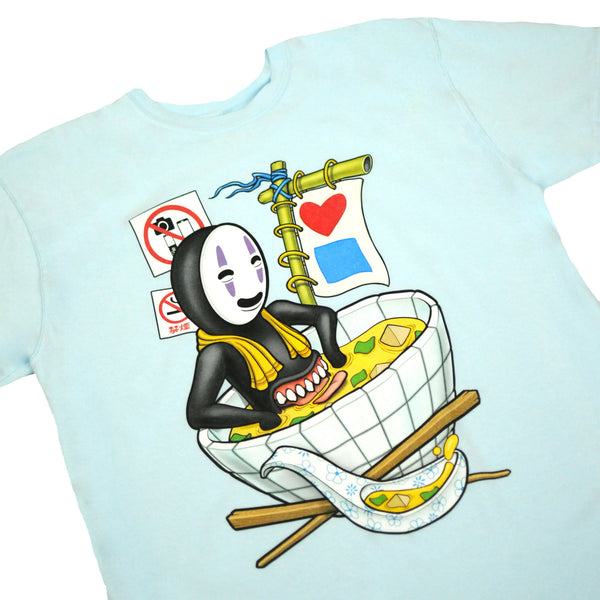 A BLUETILE MISO BATH T-SHIRT CHAMBRAY BLUE with an image of a man holding a bowl of noodles. (Brand: Bluetile Skateboards)
