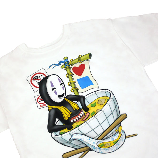 A Bluetile Skateboards BLUETILE MISO BATH T-SHIRT WHITE with an image of a man holding a bowl of noodles.
