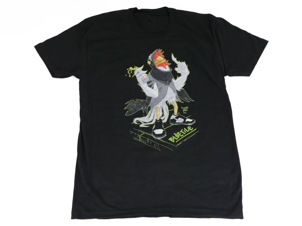 A BLUETILE STAPLE PANDA PIGEON T-SHIRT BLACK from Bluetile Skateboards, with an image of a bird (Panda pigeon) on it.