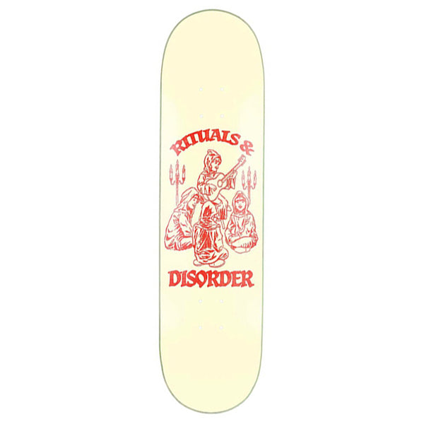 The DISORDER RITUALS skateboard deck from Disorder features a cream background with a striking red Rituals graphic that depicts three figures and the text "Rituals & Disorder." This design perfectly aligns with Nyjah's favorite board colors and showcases the superior quality of Disorder Skateboards.