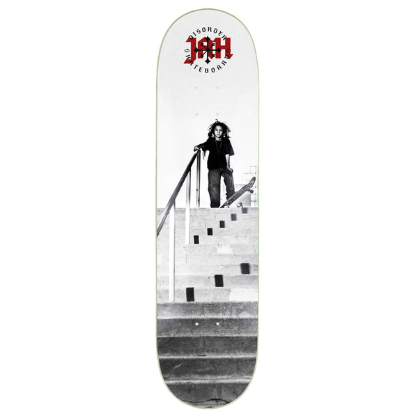 A skateboard featuring Nyjah's signature JAH graphic, depicting a person standing at the top of a staircase while holding a handrail. The board is branded with the "Disorder" logo and text near one end and is named DISORDER JAH.