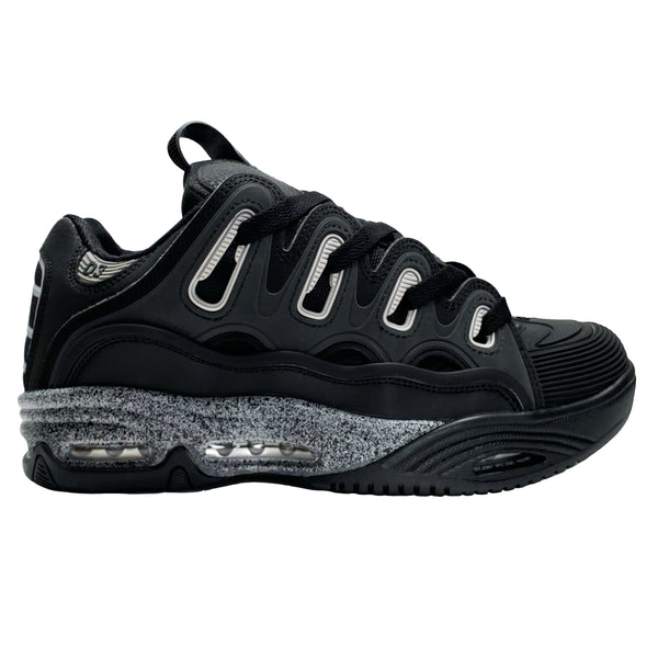 An OSIRIS D3 2001 BLACK / GREY / PAINT sneaker with silver accents.