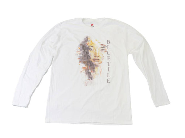 An Bluetile Skateboards artist series BLUETILE WATER COLOR LONG SLEEVE WHITE t-shirt featuring a woman's face.