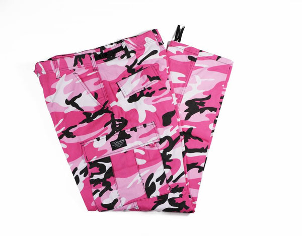A pair of Bluetile Skateboards BLUETILE SURPLUS CARGO PANT PINK CAMO pants on a white background.