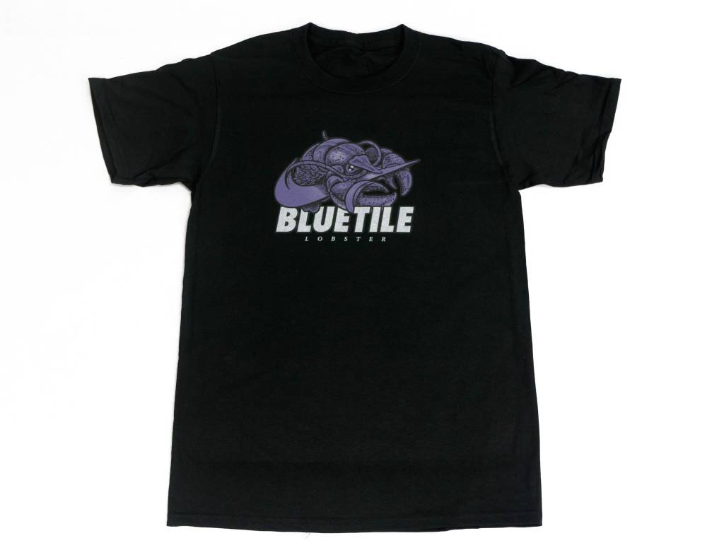 A black Bluetile Skateboards t-shirt with a purple BLUETILE PURPLE LOBSTER logo on it.