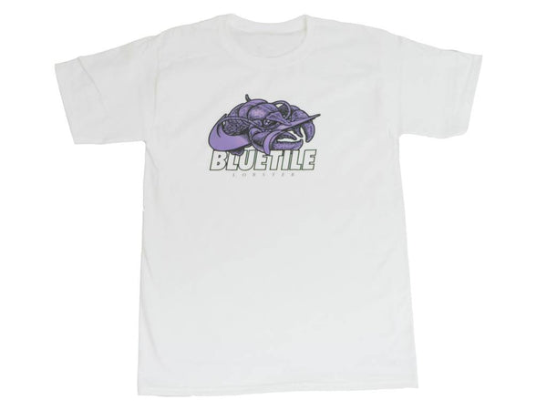 An iconic BLUETILE PURPLE LOBSTER T-SHIRT WHITE featuring the Bluetile Skateboards logo.