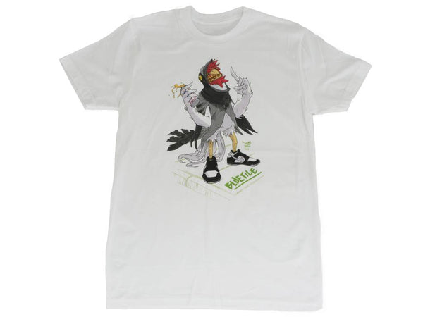 A white t-shirt with a cartoon rooster and Bluetile Skateboards Panda on it.