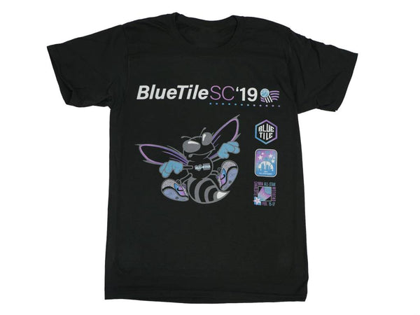 A BLUETILE BLACK HORNET T-SHIRT BLACK with an image of a bee on it, inspired by the SB Dunk High design, by Bluetile Skateboards.