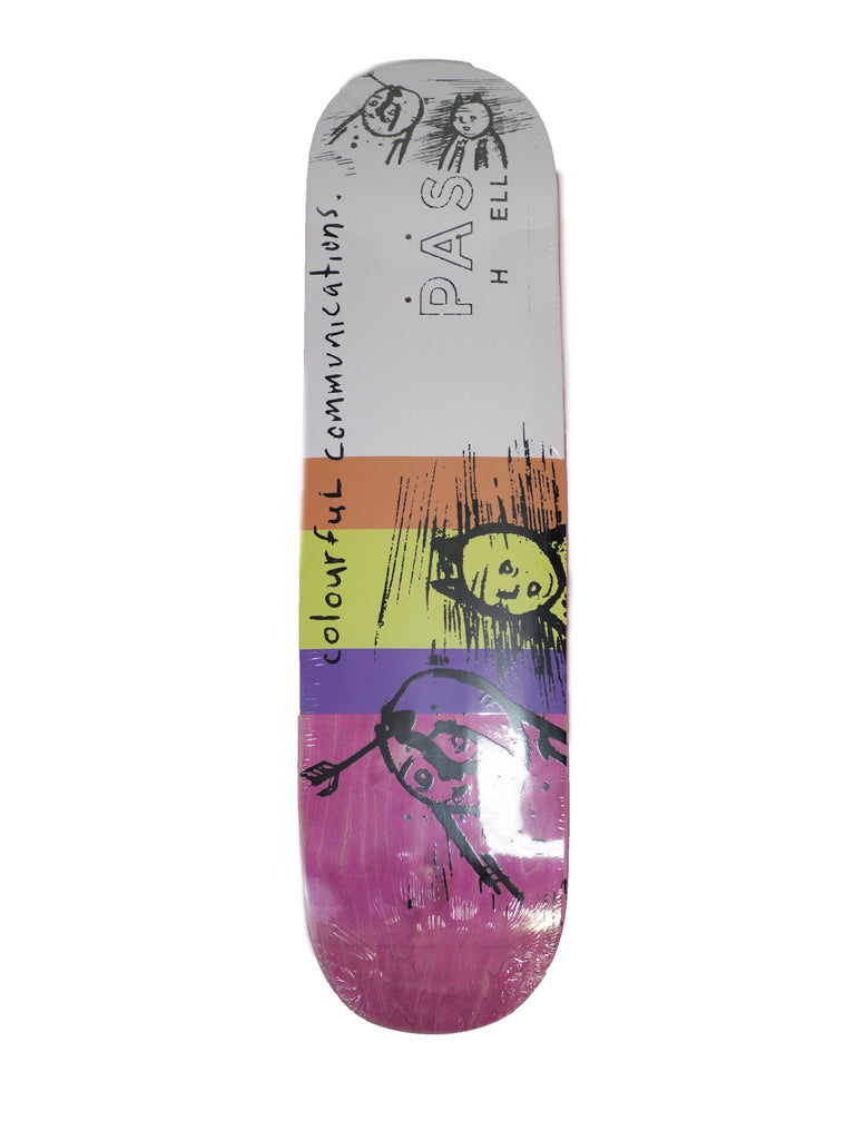 A Bluetile Skateboard with a colorful drawing on it available in various sizes.