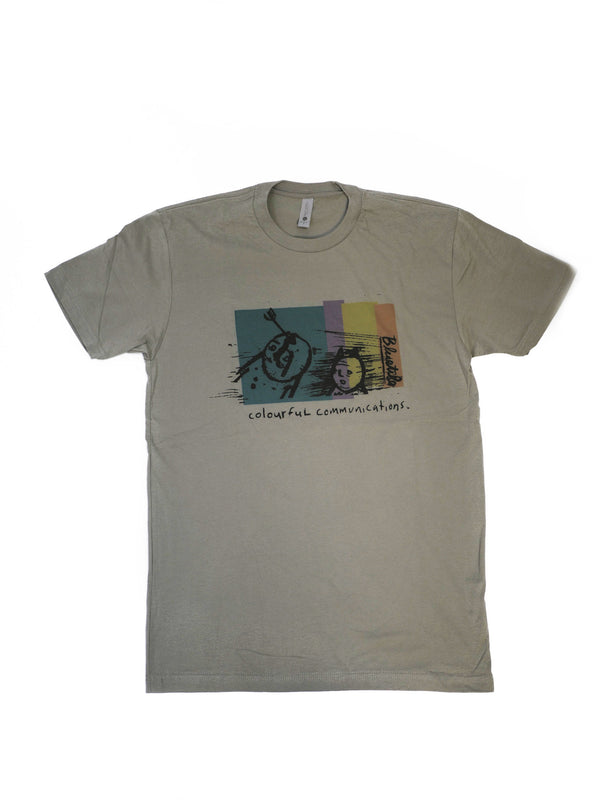 A BLUETILE COLORFUL COMMUNICATIONS WARM GREY t-shirt with an image of a man riding a bike. Brand Name: Bluetile Skateboards.