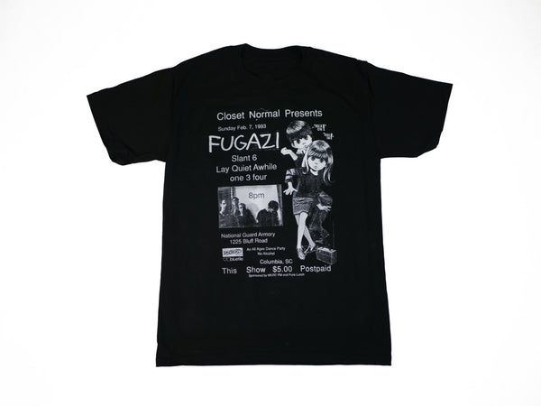 A Black Bluetile Fugazi Flyer T-Shirt with an image of a woman.