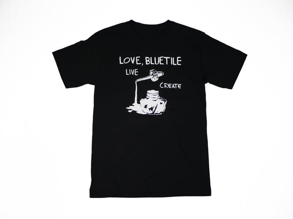 A BLUETILE LIVE DYE CREATE T-SHIRT BLACK with the words "live" and "create" made by Bluetile Skateboards.