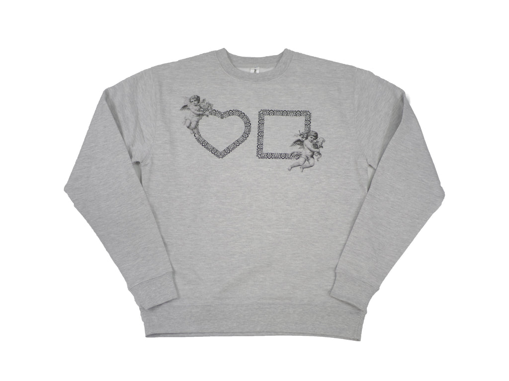 A BLUETILE ANGELS LOGO CREWNECK GREY HEATHER with a heart and flowers on it, featuring a double needle sewing technique for added durability.