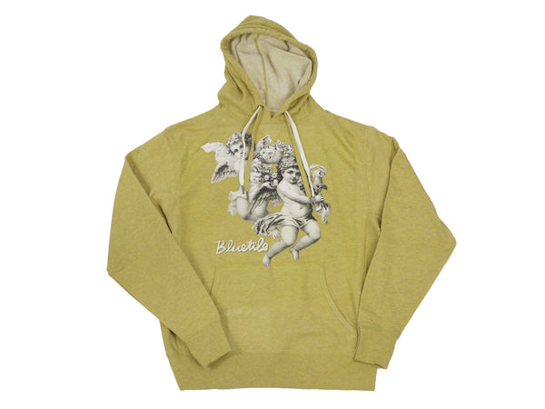 A Bluetile Skateboards unisex yellow BLUETILE ANGELS GRAPHIC HOODIE GOLDEN WHEAT made from a cotton/polyester blend fabric featuring an image of a woman and a man.