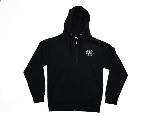 A BLUETILE SUPPLY CO. ZIP HOODIE BLACK with a white logo on it.