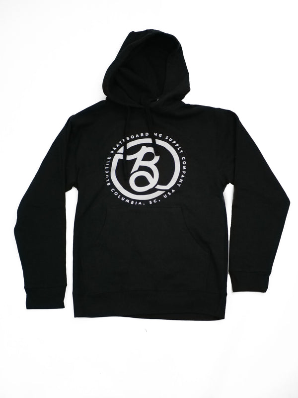 An iconic black BLUETILE SUPPLY CO. LOGO HOODIE BLACK hoodie from Bluetile Skateboards.