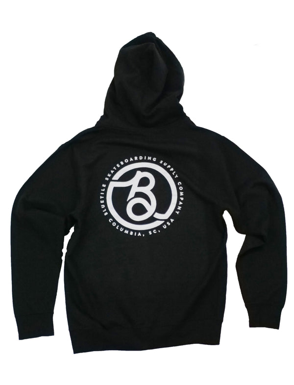 A Bluetile Skateboards black hoodie with the letter b on it.