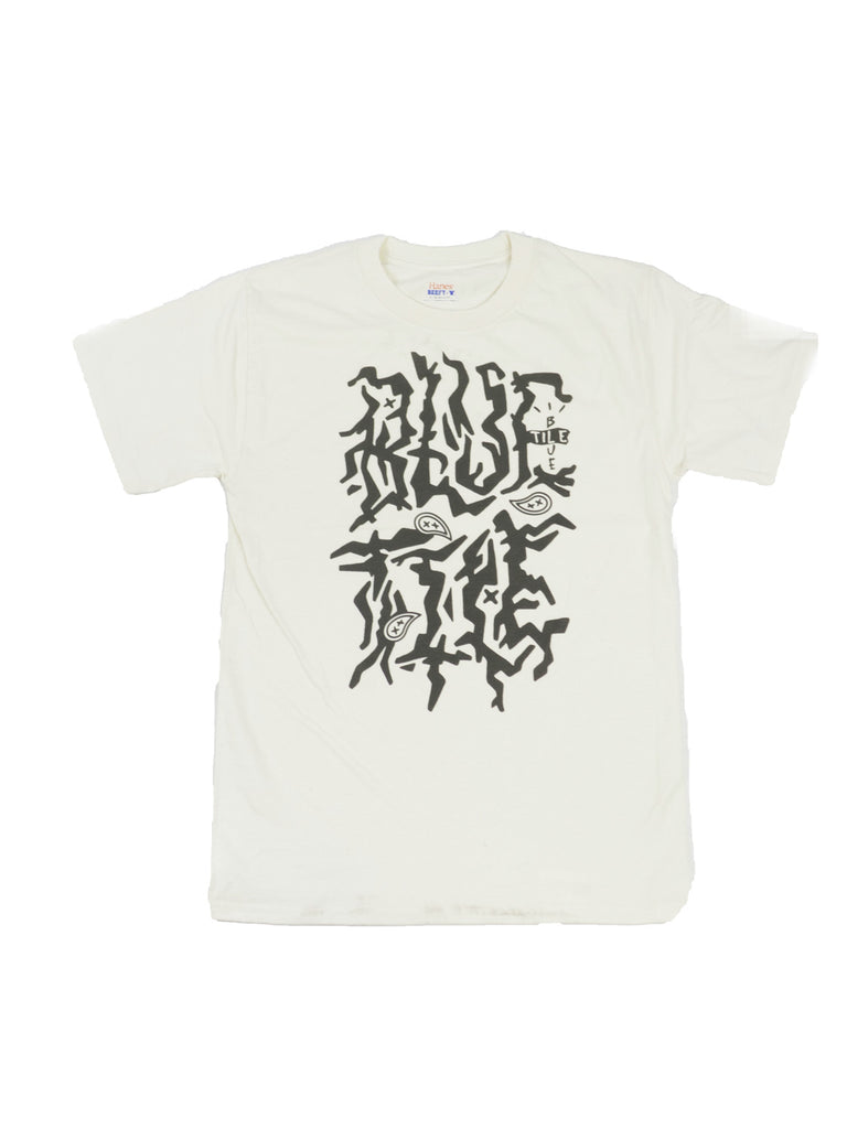 A BLUETILE TRAVIS GRAPHIC T-SHIRT NATURAL with a graphic black and white design. (Brand Name: Bluetile Skateboards)