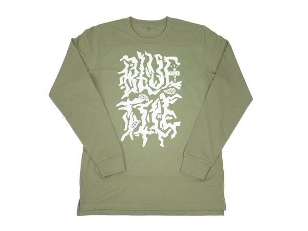 A BLUETILE TRAVIS GRAPHIC LONG SLEEVE GREEN t-shirt with graphic white writing on it.
