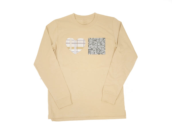 A BLUETILE TRAVIS PATTERNS LONG SLEEVE TAN t-shirt with a heart pattern on it by Bluetile Skateboards.