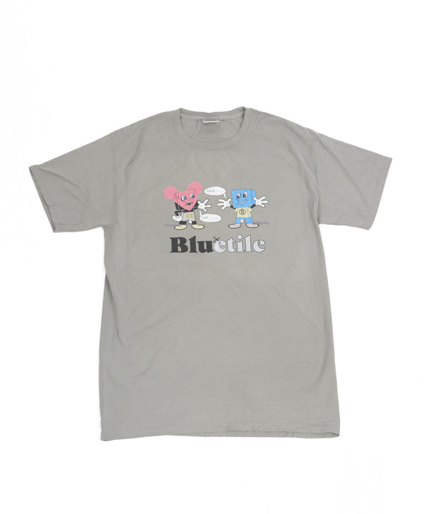 A BLUETILE PAPER TOYS T-SHIRT GREY featuring two cartoon characters from Bluetile Skateboards.