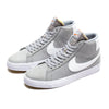 A pair of Nike SB Blazer Mid ISO Wolf Grey/White sneakers on a white background.
